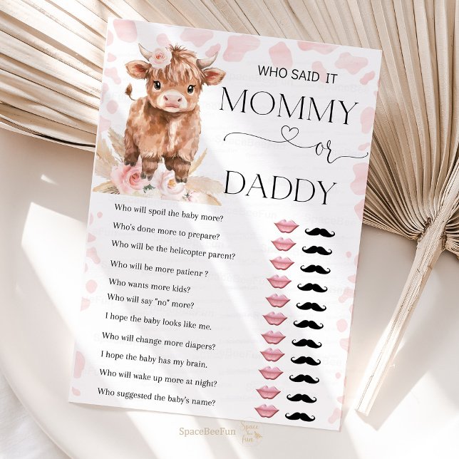  Holy Cow games mommy or daddy baby shower girl (Highland Cow Holy Cow baby shower girl)