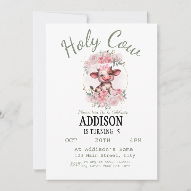 Holy Cow Girl 5th Birthday Invitation (Front)