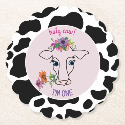 Holy Cow Girl First Birthday Paper Coaster