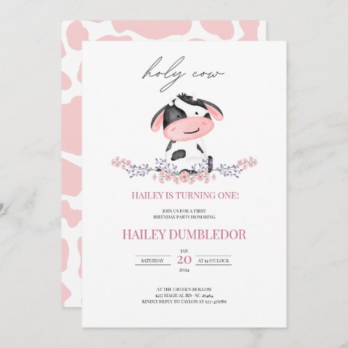 Holy Cow Girl First Birthday Rustic Pink Pattern Invitation
