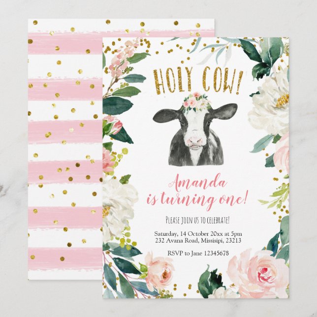 Holy Cow Girl Floral Birthday Invitation (Front/Back)