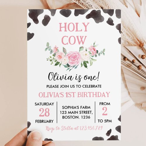 Holy Cow Girl Floral First Birthday Invitation