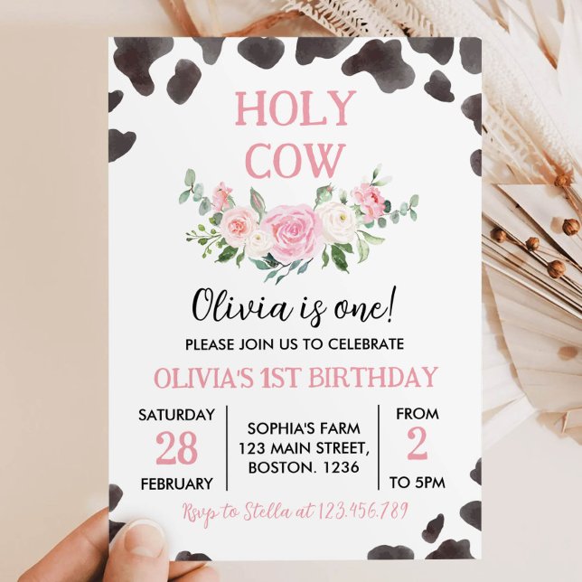 Holy Cow Girl Floral First Birthday Invitation (Creator Uploaded)