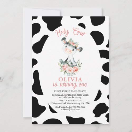 Holy Cow Girl Pink Floral Farm 1st Birthday Invitation