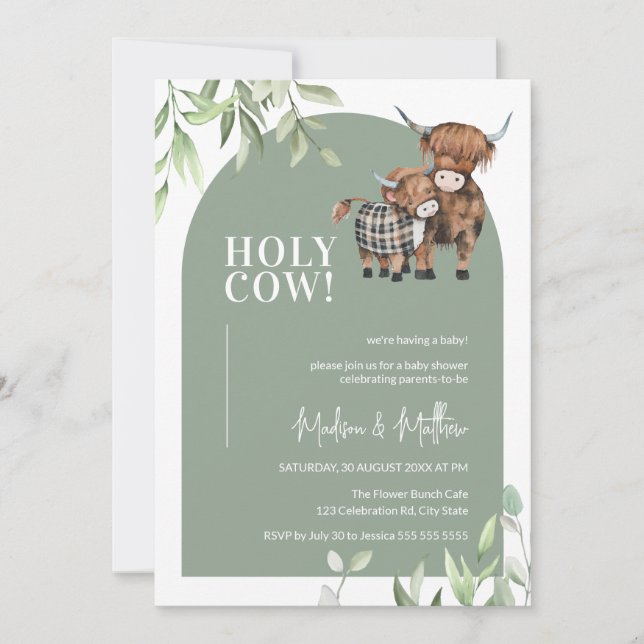 Holy Cow Greenery Arch Farm Highland Baby Shower Invitation (Front)