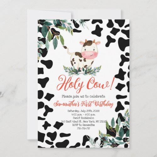 Holy Cow Greenery First Birthday Party Invitation