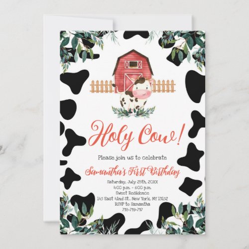 Holy Cow Greenery First Birthday Party Invitation