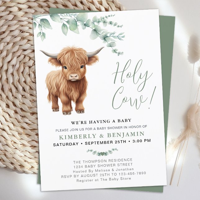 Holy Cow Greenery Highland Cow Couples Baby Shower Invitation (Creator Uploaded)