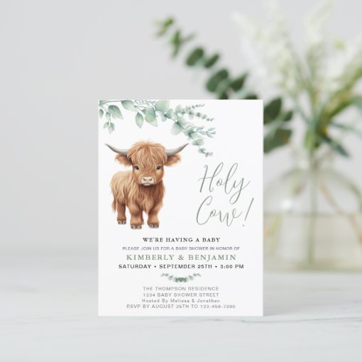 Holy Cow Greenery Highland Cow Couples Baby Shower Invitation Postcard ...