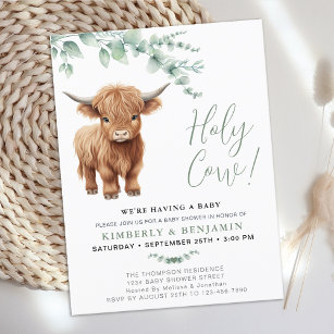 Holy Cow Greenery Highland Cow Couples Baby Shower Invitation Postcard
