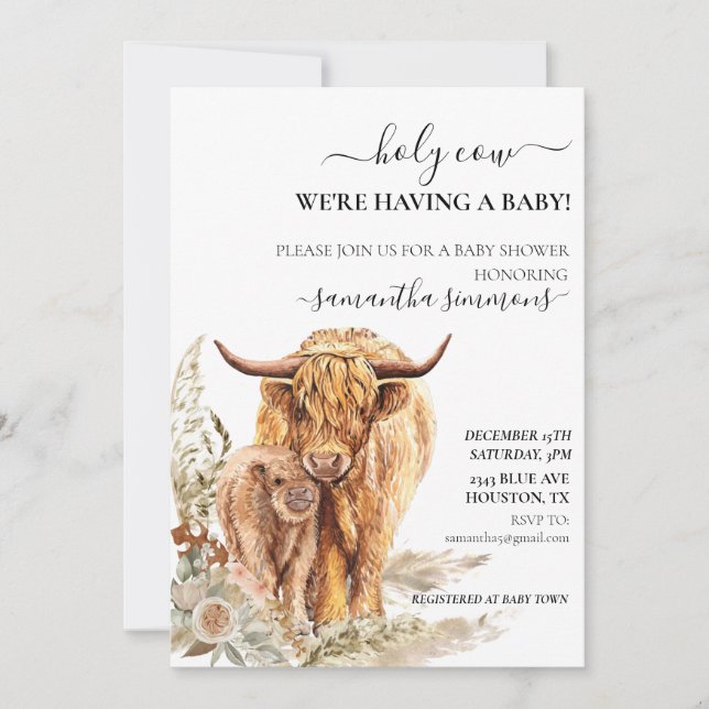 Holy Cow Highland Calf Baby Shower Boho Pampas  Invitation (Front)