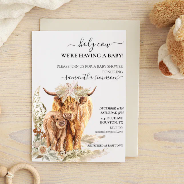 Holy Cow Highland Calf Baby Shower Boho Pampas Invitation | Zazzle