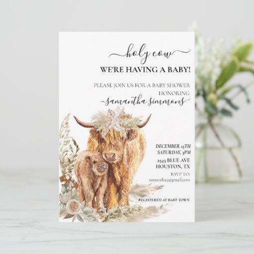 Holy Cow Highland Calf Baby Shower Boho Pampas Invitation | Zazzle