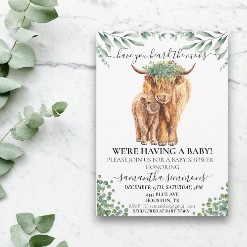 Holy Cow Highland Calf Baby Shower Eucalyptus  Invitation