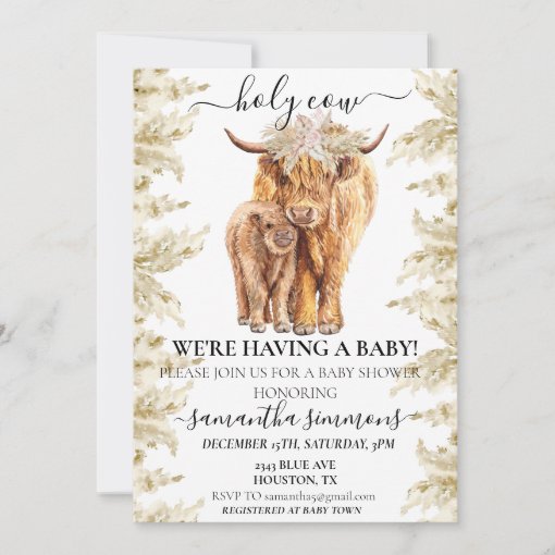 Holy Cow Highland Calf Baby Shower Pampas Grass Invitation | Zazzle