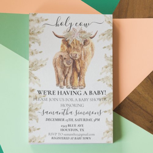 Holy Cow Highland Calf Baby Shower Pampas Grass Invitation