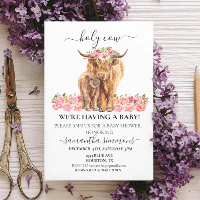 Holy Cow Highland Calf Baby Shower Pink Blue Invitation | Zazzle