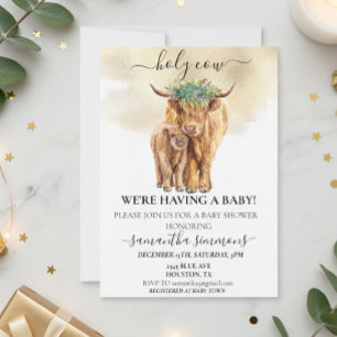 Holy Cow Highland Calf Baby Shower Watercolor Gold Invitation