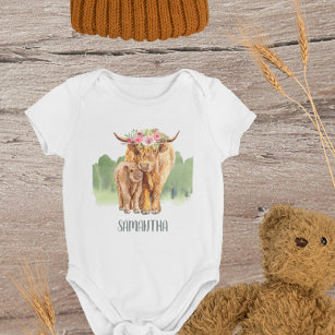 Holy Cow Highland Calf Baby Watercolor   Baby  Baby Bodysuit