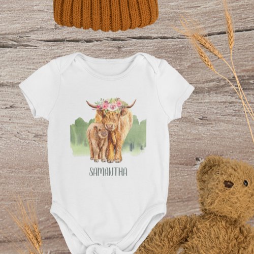 Holy Cow Highland Calf Baby Watercolor   Baby  Baby Bodysuit