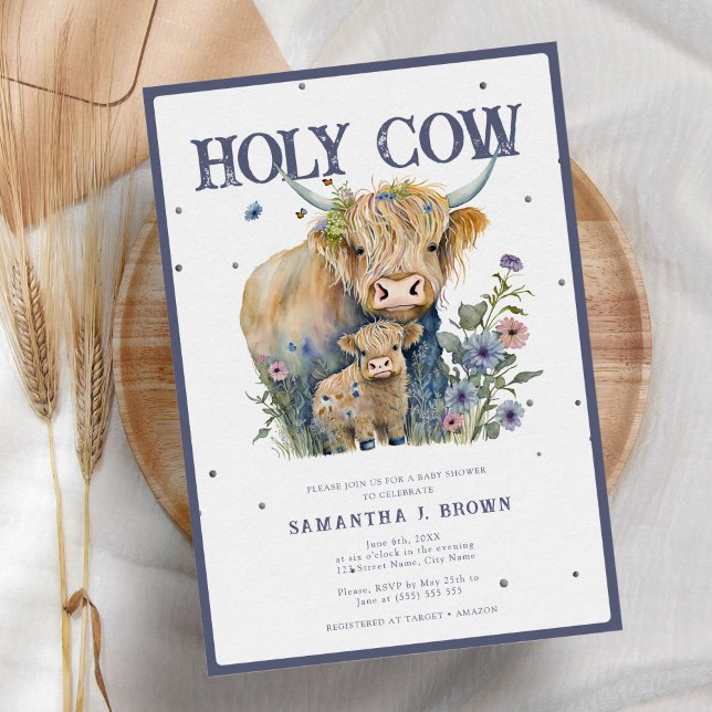 Holy Cow Highland Cow Elegant Baby Shower Invitation (Creator Uploaded)