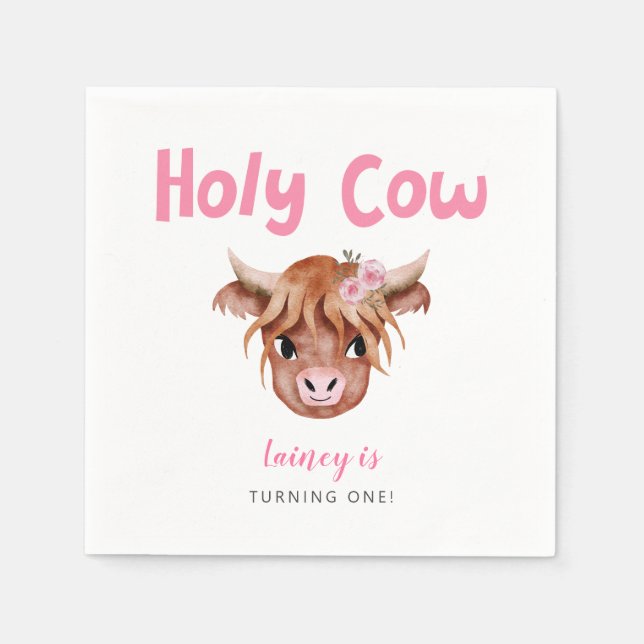 Holy Cow Highland Cow Girls Birthday Napkins (Front)