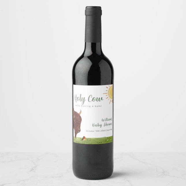 Holy Cow Highland Farm Animal Baby Shower  Wine Label (Front)
