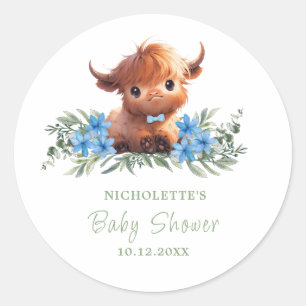 HOLY COW HIGHLAND MODERN BLUE BABY SHOWER CLASSIC ROUND STICKER