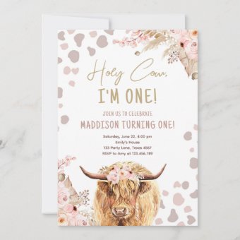 Holy Cow Highland Pampas Boho 1st First Birthday Invitation | Zazzle