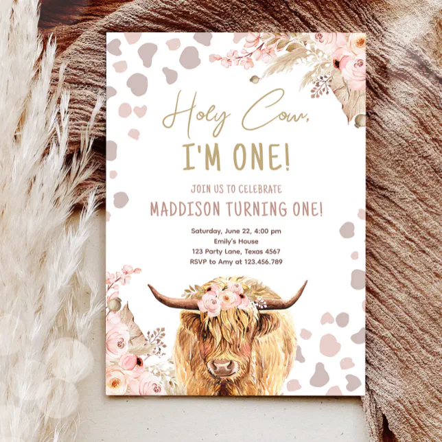 Holy Cow Highland Pampas Boho 1st First Birthday Invitation | Zazzle