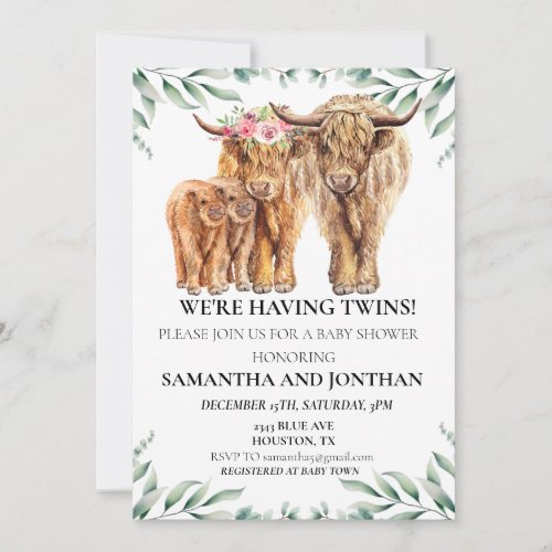 Holy Cow Highland Twin Baby Shower Eucalyptus  Invitation