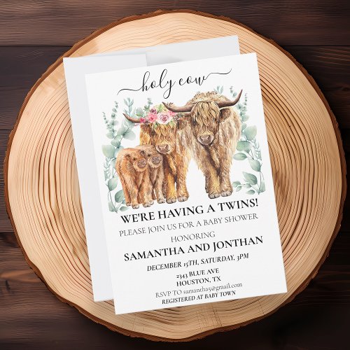Holy Cow Highland Twin Baby Shower Eucalyptus  Invitation