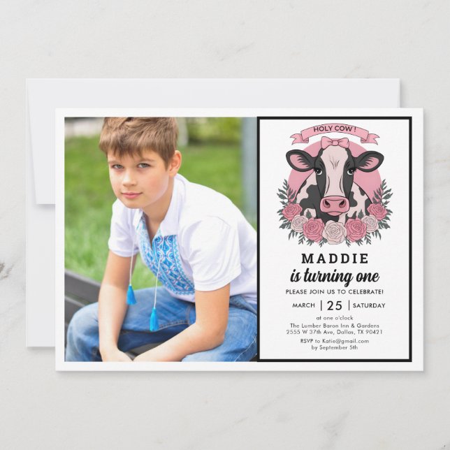 Holy Cow I’m One Cowgirl 1st Birthday Party Invitation (Front)