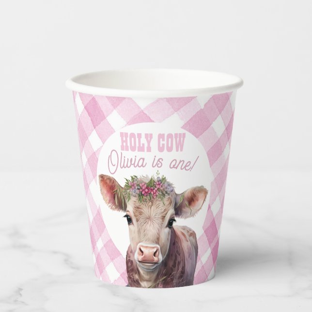 Holy Cow I’m One Pink Gingham Party Cups (Front)