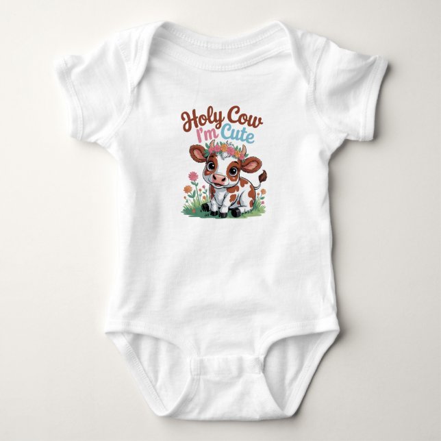 Holy Cow I'm Cute – Baby Cow Cartoon Design Baby Bodysuit (Front)