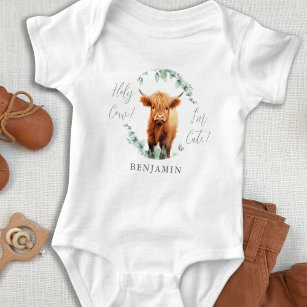Holy Cow I'm Cute Boho Greenery Highland Cow Baby Bodysuit