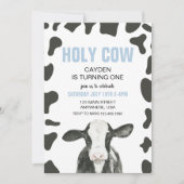Holy Cow I'm One blue Plaid Birthday Invitation (Front)