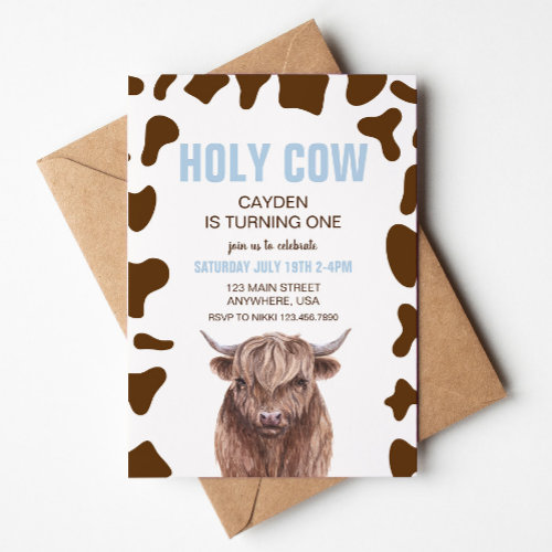 Holy Cow I'm One blue Plaid Birthday Invitation