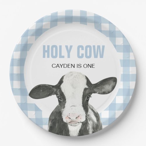 Holy Cow Im One blue Plaid birthday Paper Plates