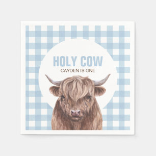 Holy Cow I'm One blue Plaid birthday Paper Plates Napkins