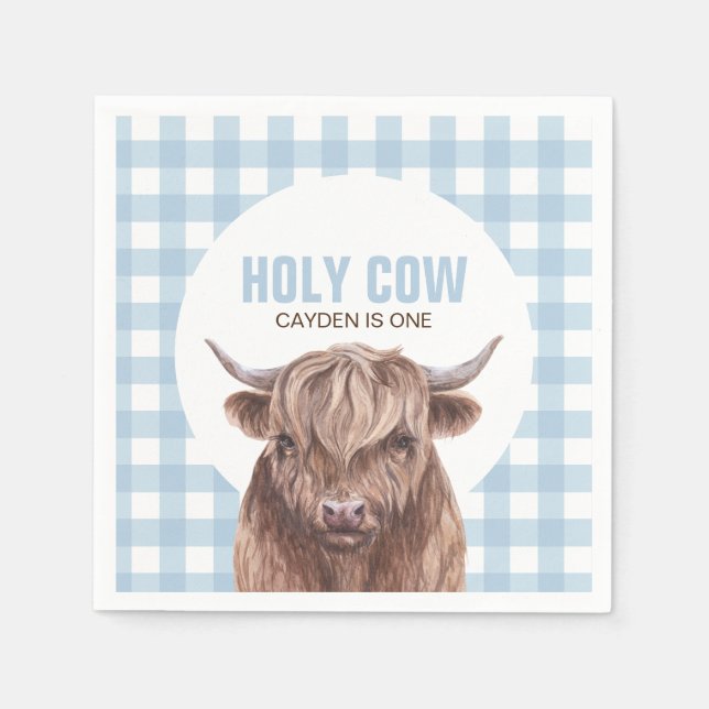 Holy Cow I'm One blue Plaid birthday Paper Plates Napkins (Front)