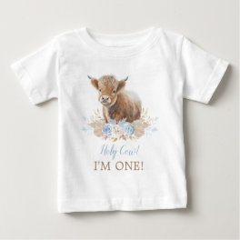 Holy Cow I'm One Boho Blue Floral 1st Birthday Baby T-Shirt