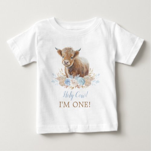 Holy Cow Im One Boho Blue Floral 1st Birthday Baby T_Shirt