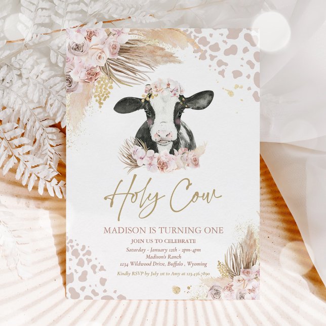Holy Cow I'm One Boho Pampas Grass Cow Birthday Invitation (Creator Uploaded)