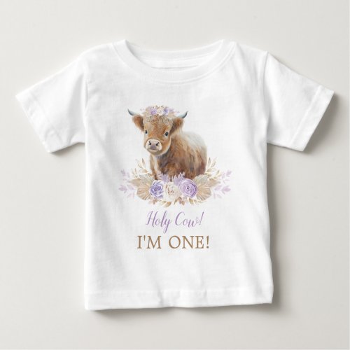 Holy Cow Im One Boho Purple Floral 1st Birthday Baby T_Shirt