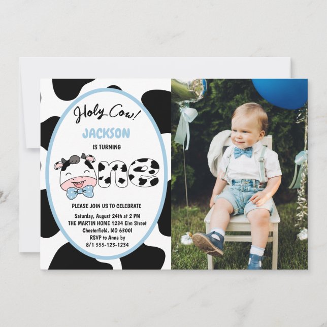 Holy Cow I'm One Boy 1st Birthday Photo Invitation (Front)
