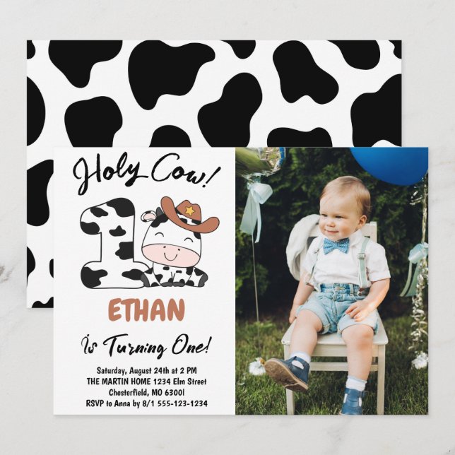 Holy Cow I'm One Boy 1st Birthday Photo Invitation (Front/Back)