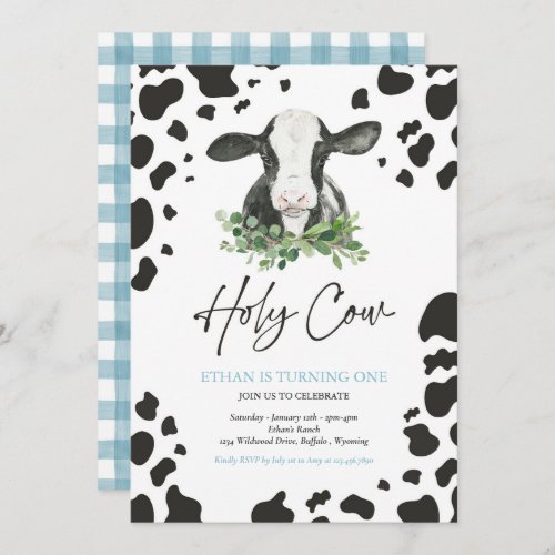 Holy Cow Im One Boy Ranch Farm Birthday Party  Invitation