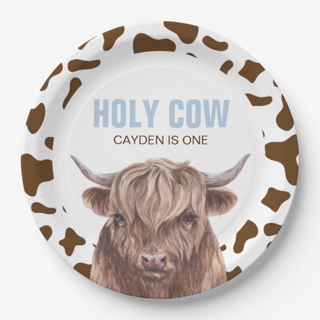 Holy Cow I'm One brown Cow Print birthday Paper Plates (Front)