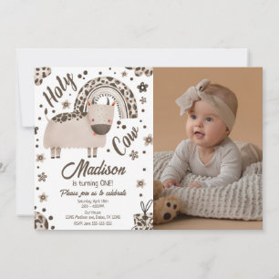 Holy Cow I'm One Brown Cow Print Farm 1st Birthday Invitation